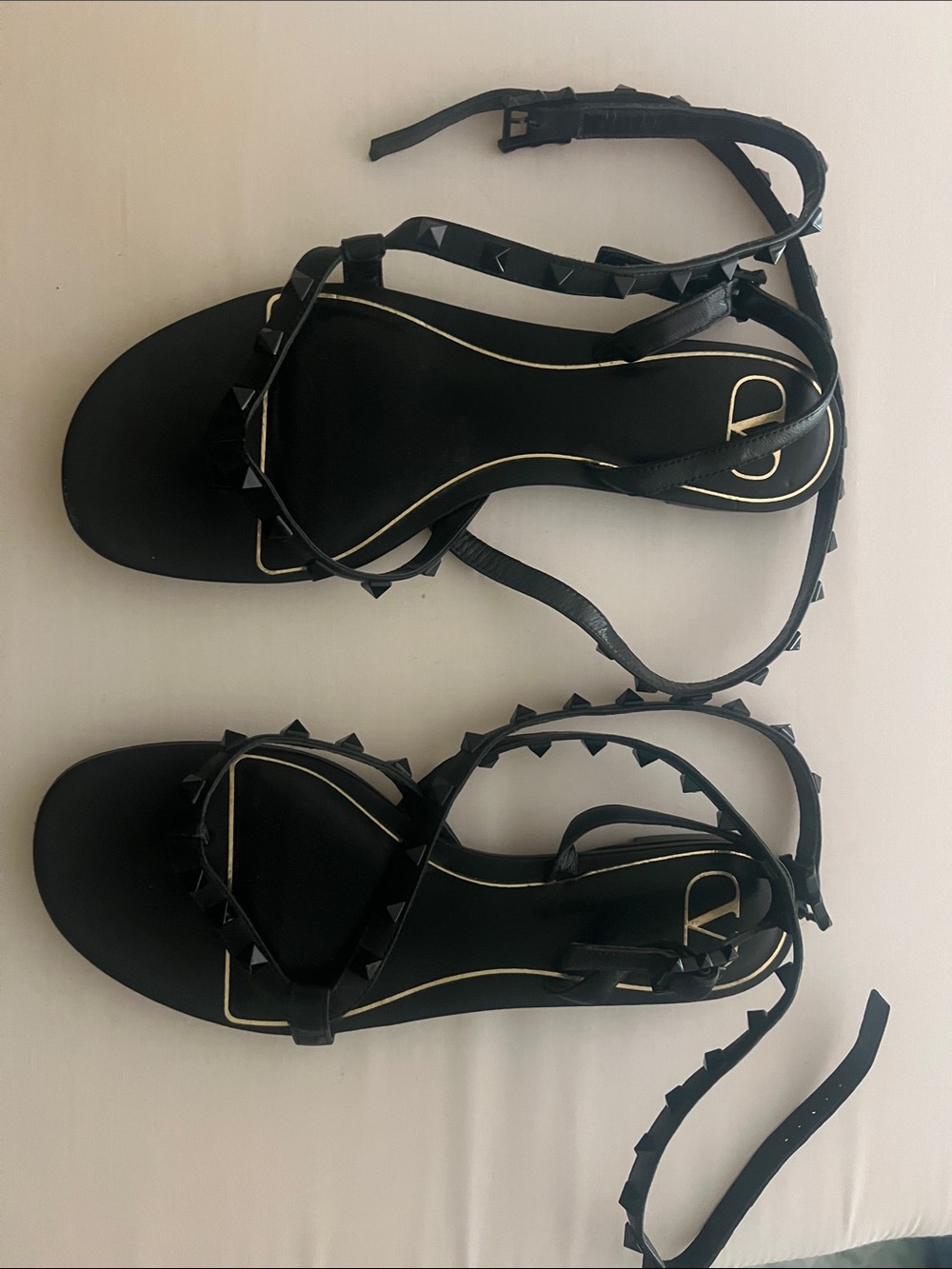 Valentino Gladiator Black Rockstud Ankle-Strap Flat Sandals
